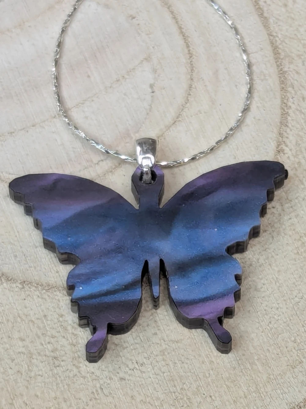 Blue Lavender Butterfly Necklace Reversible Pendant Silver Chain 16.5” + 2 